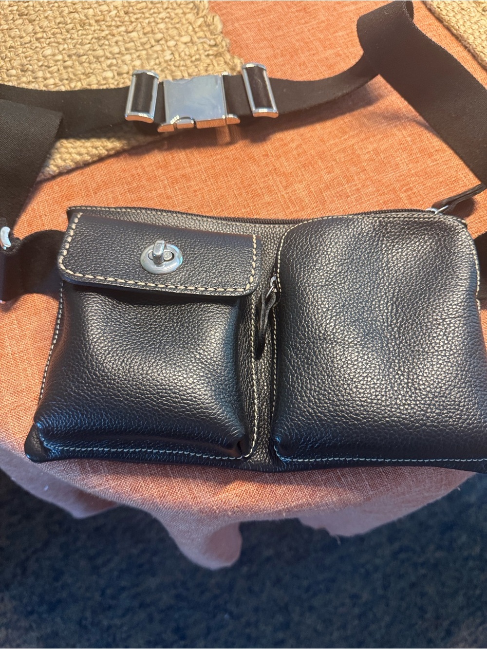 Roots Black Leather Dual-Pouch Waist Bag